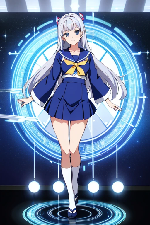full body shot, High school girls, silver hair smile, blue eyes, cute expression, sailor suit, Standing with correct posture, In a Japanese anime style, long skirt, Japanese educational background, vibrant colors, sparkling eyes, Nikon D5600, 50mm lens, charm