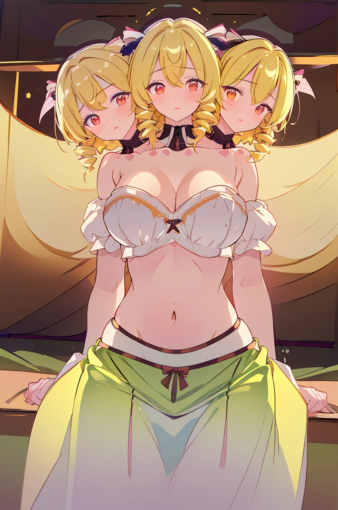 (masterpiece, best quality), best quality, (ultra-detailed), (3heads:1.5), 1girl, (luna child:1.3), masterpiece, top best quality, ultra quality, ultra resolution, ultra detail, white and black top, crop top, ((stomach)), midriff, ((groin)), white and black skirt, normal ears, shackles, yellow hair, very long hair, wavy hair, six princess curls, red eyes, very detailed eyes, parted lips, fairy wings, sweat, cute, toned belly, hand on own chest, eyelashes, (24 year old woman:1.3), (masterpiece:1.5), (best quality:1.5), (beautiful detailed), extremely detailed CG, extremely delicate and beautiful, depth of field, (finely detailed face), (perfect details:1.3), (mature female:1.3), wide pelvis, slender, large veiny breast, 16k resolution, highres, high quality, high definition, extremely detailed, masterpiece, yellow hair, long hair, alluring presence, braid, short skirt, close up, big tits, young, pair of wings,