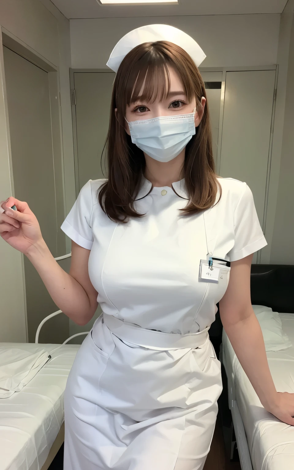1 girl,(Wearing white nurse clothes:1.2),(RAW Photos, highest quality), (Realistic, photo-Realistic:1.4), masterpiece, Very delicate and beautiful, Very detailed, 2k wallpaper, wonderful, finely, Very detailed CG unity 8k wallpaper, Very detailed, High resolution, Soft Light, Beautiful detailed girl, Very detailed eyes and face, Beautiful and detailed nose, finely beautiful eyes, nurse, Perfect Anatomy, Black Hair, Upstyle, nurse uniform, ((mask)), Long skirt, nurse, White costume, thin, hospital, clear, White Uniform, hospital room, Neck auscultation,Bobcut
