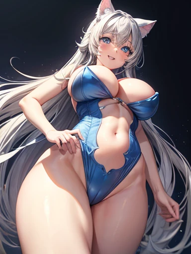 (masterpiece), (highest quality), One girl, (Angle from below)+++, Grin+, Long Hair, Gray Hair, Cat ear, blue eyes, (Big Breasts)++, (Wide Hips)++, Bunny Suit
