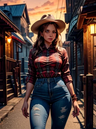 {Hyper realistic dynamic vision, sharp clean image and UHD 16K} A beautiful woman with a slim waist and snapper hips, in country style (thin red and black plaid dress shirt, tight fitted shirt), standing out in a western town. Her tanned skin shines in the setting sun, “sweat”, large symmetrical and radiant green eyes, wavy brown hair falls gently over her shoulders. She wears a brown cowboy hat, thin red and black plaid, tight-fitting dress shirt, faded jeans, and embroidered leather boots. It is on a dirt street surrounded by typical western wooden buildings. The local saloon has swinging doors and a porch where the cowboys chat. The barbershop has a rotating plate and the blacksmith shop next door is active with the sound of hammering. Horses tied to wooden posts and a hay cart passing by complete the scene. The golden light of the sunset casts shadows and bathes the city in a warm glow, capturing the vibrant essence of the Old West.