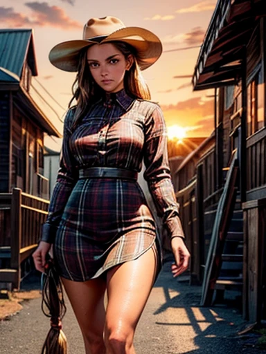 {Hyper realistic dynamic vision, sharp clean image and UHD 16K} A beautiful woman with a slim waist and snapper hips, in country style (thin red and black plaid dress shirt, tight fitted shirt), standing out in a western town. Her tanned skin shines in the setting sun, “sweat”, large symmetrical and radiant green eyes, wavy brown hair falls gently over her shoulders. She wears a brown cowboy hat, thin red and black plaid, tight-fitting dress shirt, faded jeans, and embroidered leather boots. It is on a dirt street surrounded by typical western wooden buildings. The local saloon has swinging doors and a porch where the cowboys chat. The barbershop has a rotating plate and the blacksmith shop next door is active with the sound of hammering. Horses tied to wooden posts and a hay cart passing by complete the scene. The golden light of the sunset casts shadows and bathes the city in a warm glow, capturing the vibrant essence of the Old West.