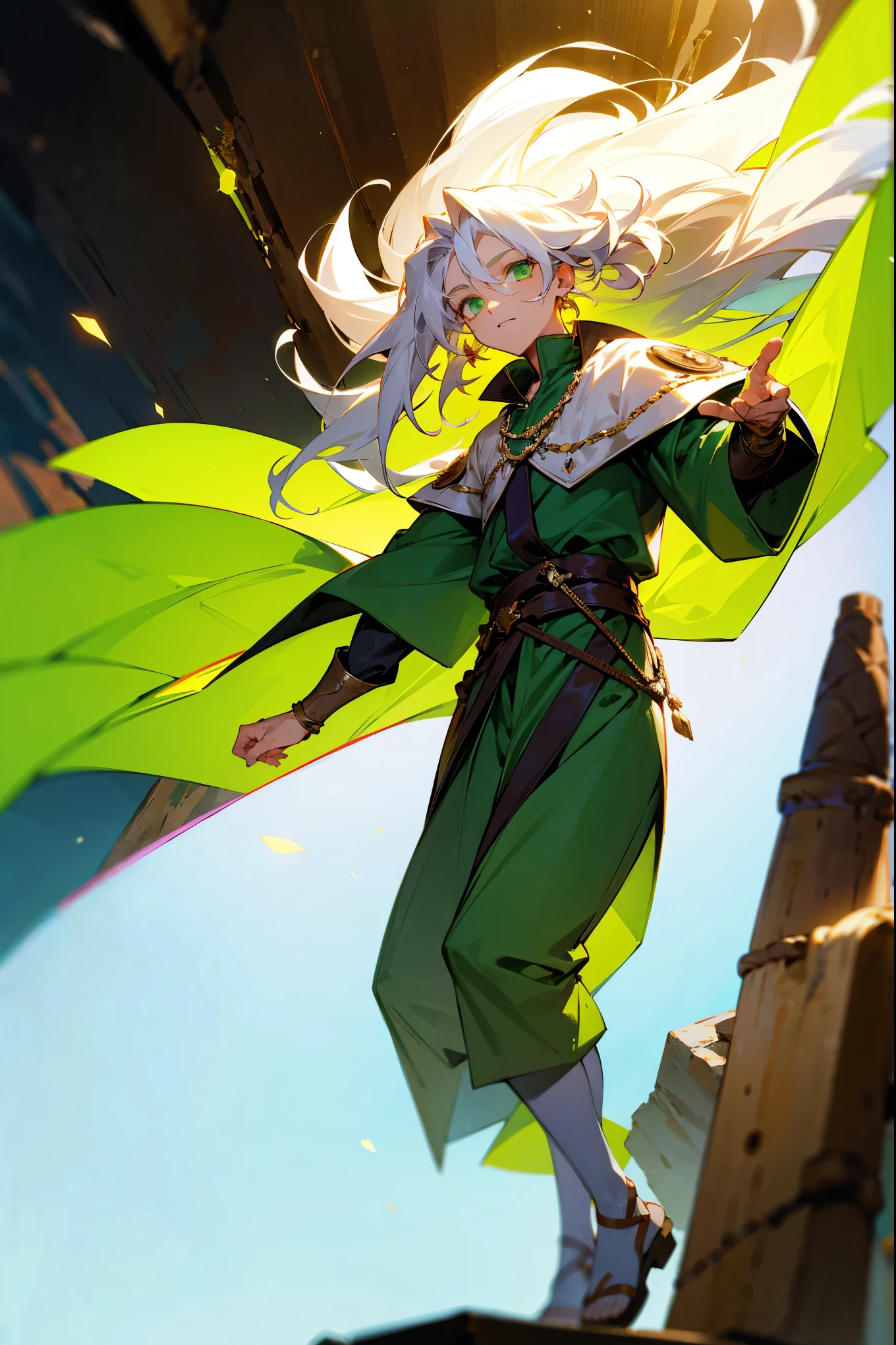 1male, Long White Hair, Green Eyes, Sandals, Cave, Perfect Generation, Masterpiece Quality, Earrings, Floating, Glowing, Medieval Clothing, Casual Clothing