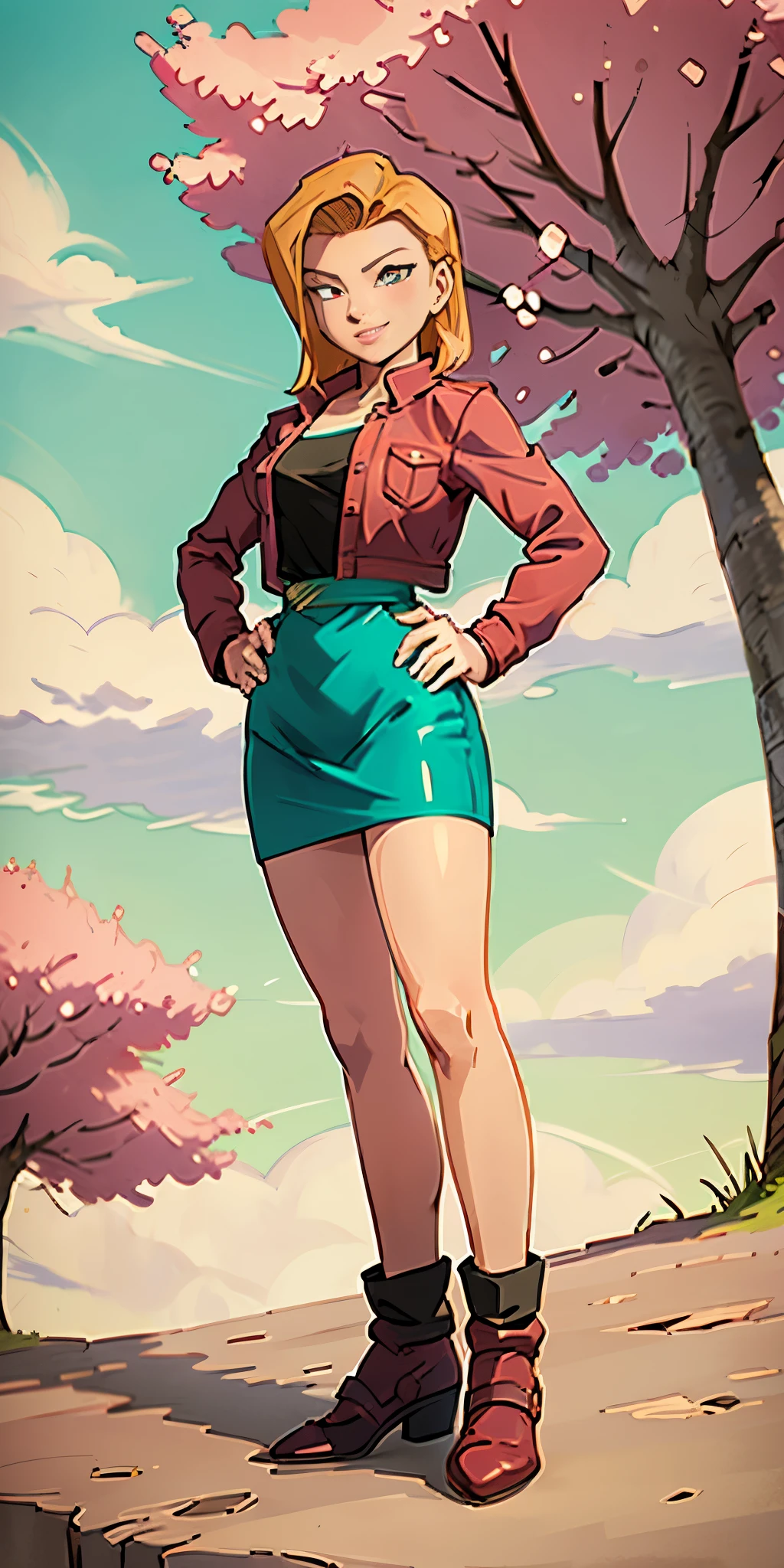 (Full body, view from below, cowboy shot, looking at viewer, masterpiece, best quality, ultra detailed, immaculate:1.2) Android 18 from DBZ, 30 y.o. woman, red eyes, short BLONDE hair, posing for photo, seductive smile, grey jacket, red necktie, green skirt, Sakura tree, building, (pinched eyes) (closed mouth) (hands on hips)