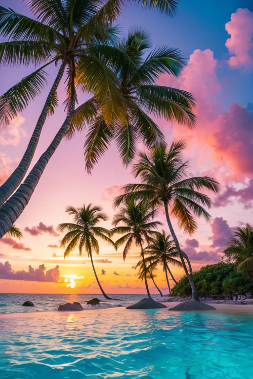 Vibrant, Tropical beach with lush palm trees, crystal-clear turquoise waters, Colorful sunset sky
