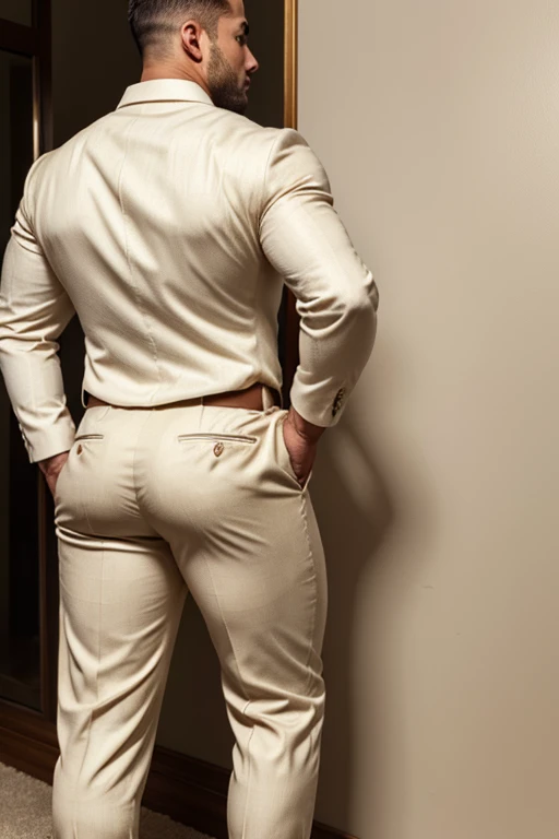 Beautiful man 30 years old, muscular body, barba rala, mas seu rosto esta iluminado pela fogueira. Beige formal trousers ((backside))