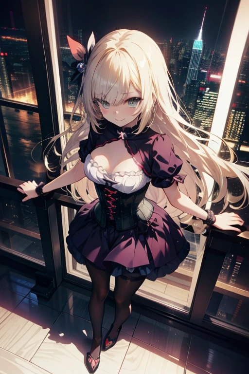 anime girl, (corset dress: 1.2), (stockings), (Big smile), (whole body), (Long white hair), (View from above), (Hair in one eye),Enchanting anime girl, Best anime 4K, wallpapers, Attractive anime girl, 4k anime wallpaper, 4K Manga Wallpaper, Detailed digital anime art, Anime Best Girls, Beautiful Anime Girls, cyber punk, Detailed anime artwork, Beautiful and attractive anime women