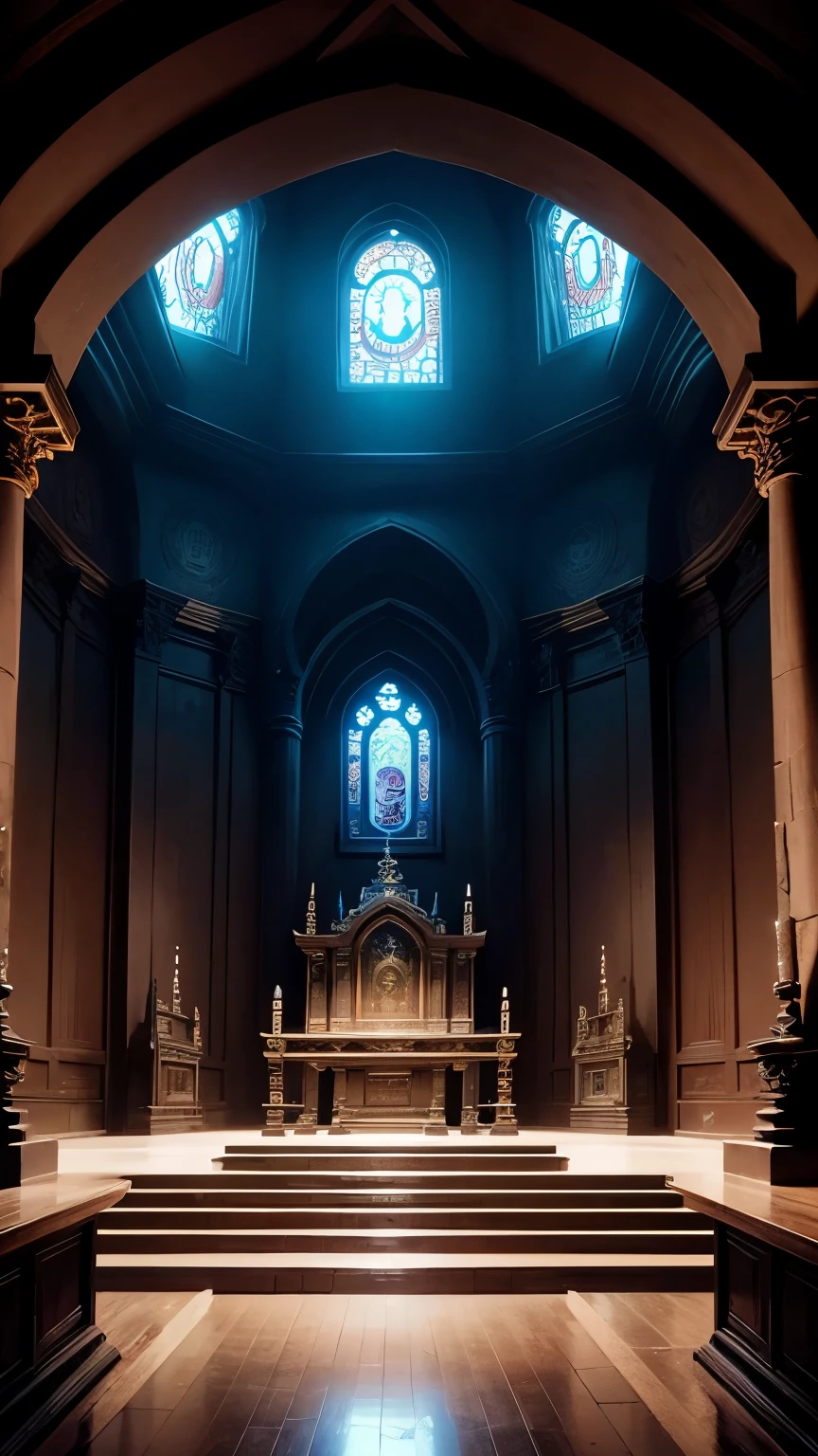 Templo oscuro de piedra, un altar al fondo, estilo anime