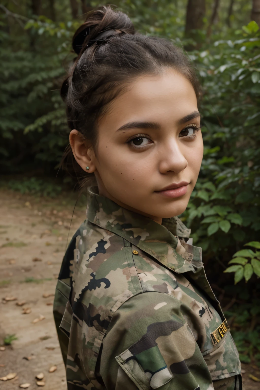 Latina, cute, 18, hair bun, us army uniform, camouflage, view from above, portrait, forest, ((best quality)), ((masterpiece)), (detailed), perfect face