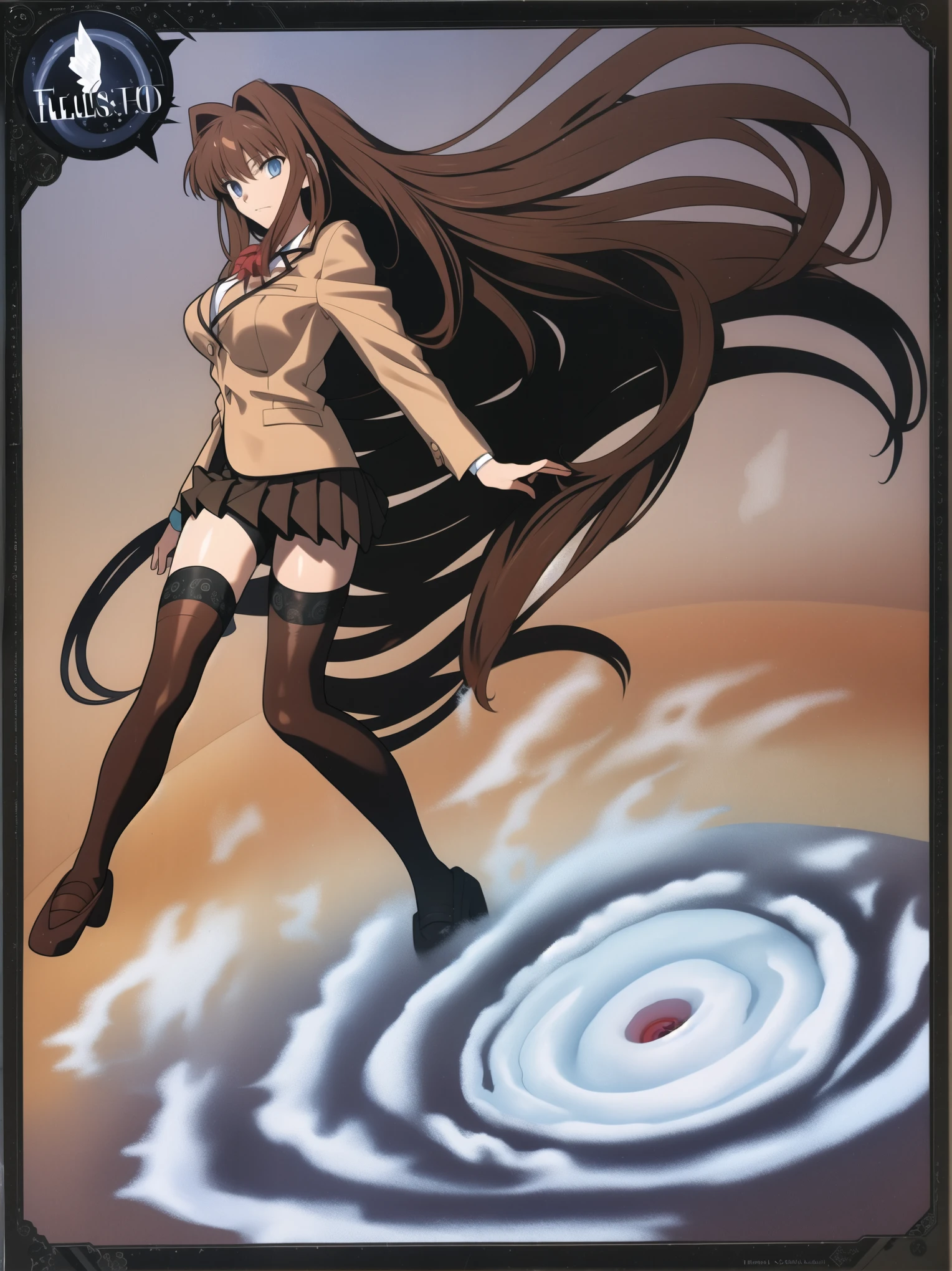 BREAK, centered. BREAK, (EMPTY BACKGROUND), BREAK (masterpiece:1), best quality, high resolution, 8k, illustration, (beautiful detailed eyes:1.5), extremely detailed face, extremely detailed body, CG, perfect hands, perfect anatomy, (((1girl))), ((solo)), ((bbaoko)), ((2 legs max)), ((2 feet max:1.6)), ((swirling vortex shaped longest brown hair:1.5)), (brown longest hair with slightly reddish undertone:1.6), (lush luscious longest brown hair:1.6), (very long voluminous longest brown hair:1.5), serious, blue eyes, red bowtie, (Form-fitting beige blazer:1.5), brown jacket, (highly detailed beautiful face:1.2), (white shirt:1), (well shaped large breasts:1.6), (nice hips:1), (((Umber pleated thigh-high skirt:1.6))), (((black bike shorts:1.4))), (toned thighs:1.6), (jetblack thighhighs:1.6), (strap shoes brown color), (facing front:1.5), ((standing straight:1.5)), ((Fullbody in frame:1.6)), ((Full body:1.5)), ((takeuchi takashi:1.3))
