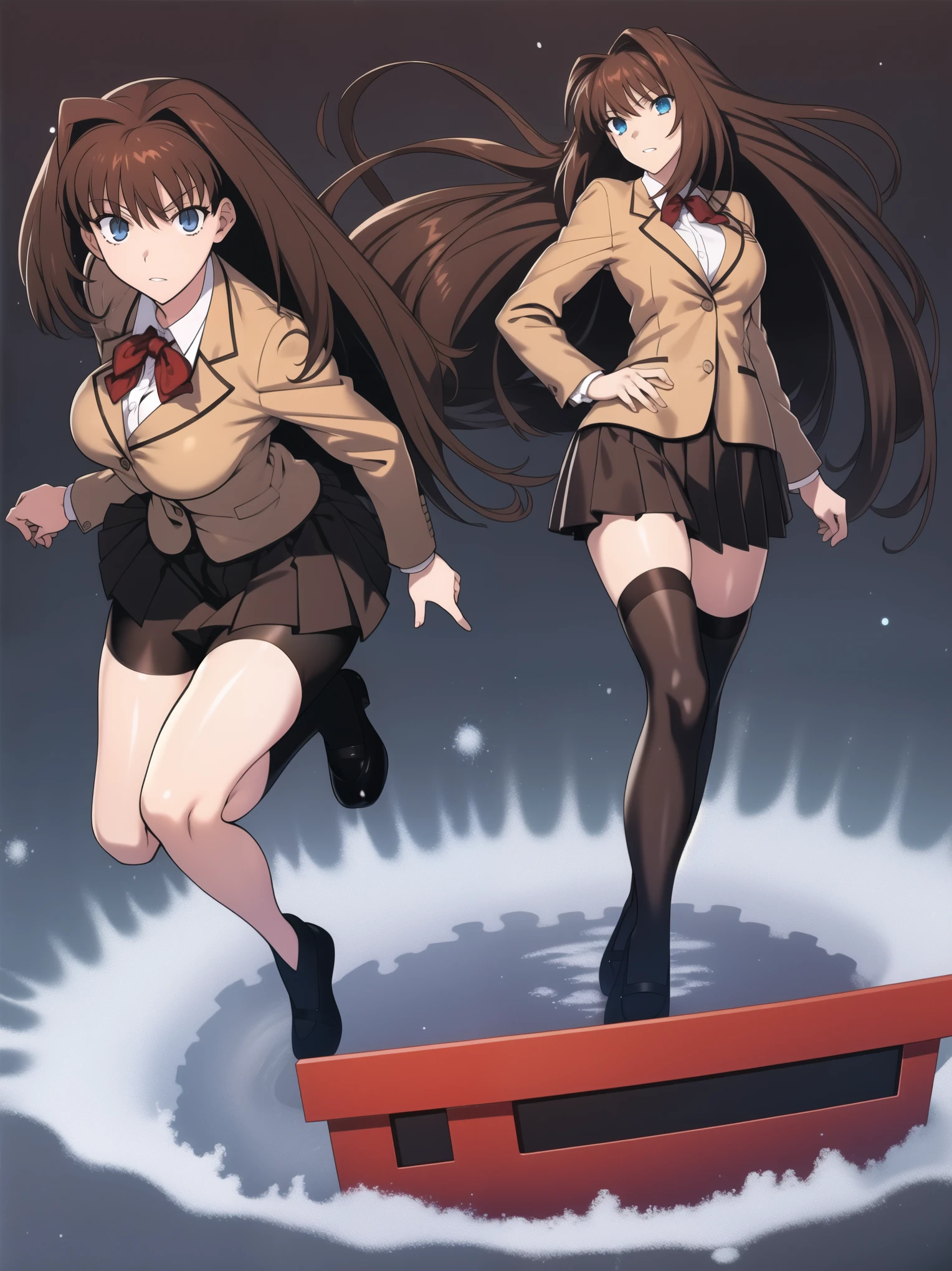 BREAK, centered. BREAK, (EMPTY BACKGROUND), BREAK (masterpiece:1), best quality, high resolution, 8k, illustration, (beautiful detailed eyes:1.5), extremely detailed face, extremely detailed body, CG, perfect hands, perfect anatomy, (((1girl))), ((solo)), ((bbaoko)), ((2 legs max)), ((2 feet max:1.6)), ((swirling vortex shaped longest brown hair:1.5)), (brown longest hair with slightly reddish undertone:1.6), (lush luscious longest brown hair:1.6), (very long voluminous longest brown hair:1.5), serious, blue eyes, red bowtie, (Form-fitting beige blazer:1.5), brown jacket, (highly detailed beautiful face:1.2), (white shirt:1), (well shaped large breasts:1.6), (nice hips:1), (((Umber pleated thigh-high skirt:1.6))), (((black bike shorts:1.4))), (toned thighs:1.6), (jetblack thighhighs:1.6), (strap shoes brown color), (facing front:1.5), ((standing straight:1.5)), ((Fullbody in frame:1.6)), ((Full body:1.5)), ((takeuchi takashi:1.3))