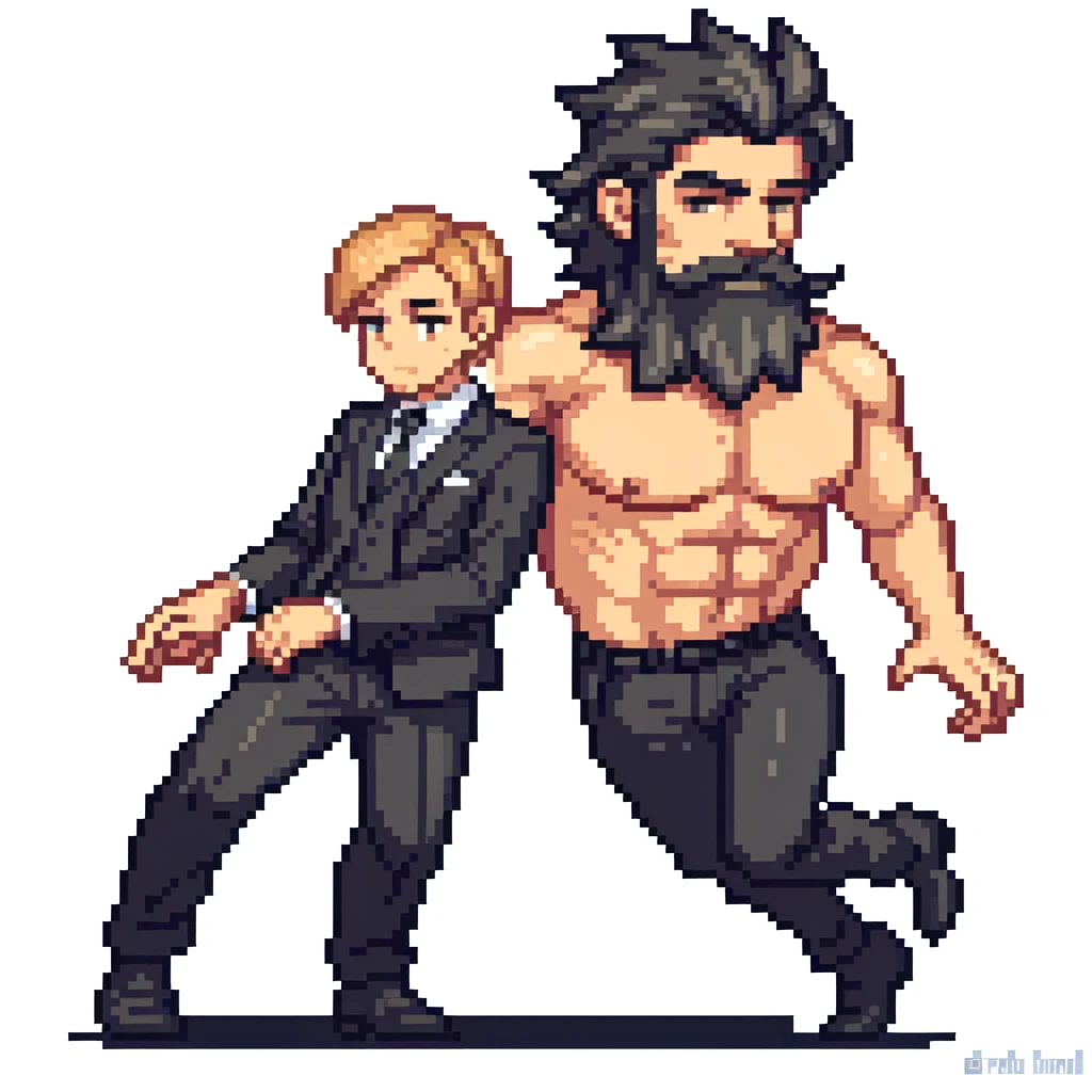 Top quality, pixel art, one man, black suit, full body, beard, tan, short hair, smart, white background