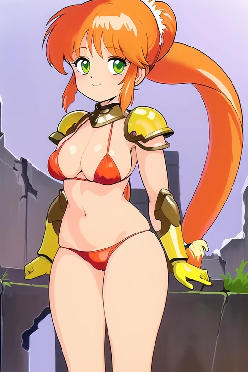 masterpiece,best quality,ultra detail,close up, girl, smile,Cream Lemon Caron,1girl,ruins,orange hair,((very long ponytail:1.5)),((big droopy green eyes)), ((red bikini armor1.8))