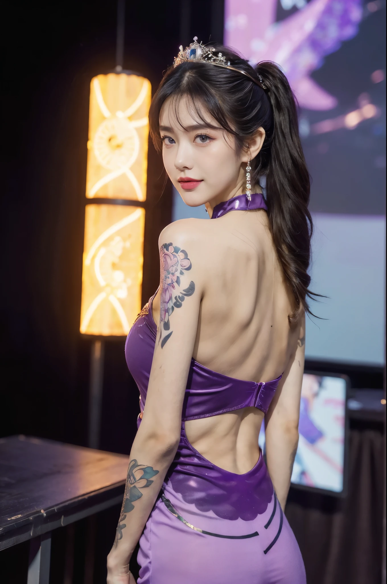 (Extremely meticulous CG),(((8k))),wallpaper,(Portrait above the chest:1.3),((Extremely refined and beautiful)),(((Masterpiece))),(((best qualtiy))),(((Ultra High Resolution))),beautiful light up,realistic shaded,(Smooth and flawless fair skin:1.5),(Extremely exquisite facial details:1.2),(ultra-detailed:1.5),((a beautiful girl,solo)),(Japanese teenage idol:1.3),(princess crown:1.3),(short ponytail:1.2),(bangs:1.3),(small head:1.2),(slender face:1.2),(Exquisite makeup:1.3),(smiling:1.2),(laughing:1.2),(blush:1.5),(perfect body:1.1),(collar:1.2),(dazzling purple Lolita one-piece dress:1.5),((slim,thin)),(bare back:1.3),(Back Tattoo:1.5),(towering hips:1.3),(butt crack:1.3),(from back:1.3),(standing:1.3),(In the gorgeous theater:1.3),(on the stage:1.5),(lively atmosphere:1.3),(indoor:1.3),(colorful neon lights:1.3),(Cyberpunk style:1.3),(detailed background:1.5),(night scene:1.5),(upper body:1.3),