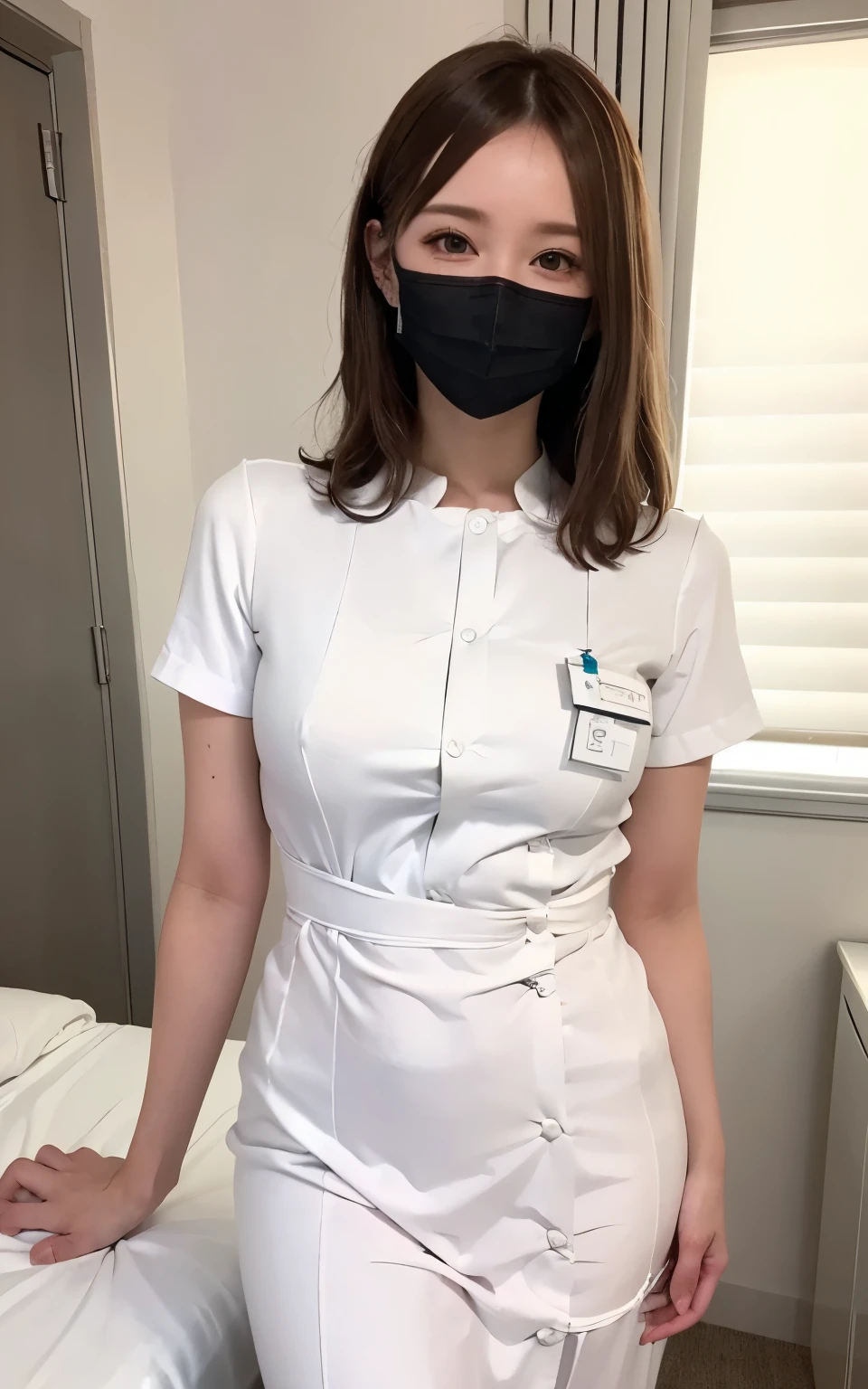 1 girl,(Wearing white nurse clothes:1.2),(RAW Photos, highest quality), (Realistic, photo-Realistic:1.4), masterpiece, Very delicate and beautiful, Very detailed, 2k wallpaper, wonderful, finely, Very detailed CG unity 8k wallpaper, Very detailed, High resolution, Soft Light, Beautiful detailed girl, Very detailed eyes and face, Beautiful and detailed nose, finely beautiful eyes, nurse, Perfect Anatomy, Black Hair, Upstyle, nurse uniform, ((mask)), Long skirt, nurse, White costume, thin, hospital, clear, White Uniform, hospital room, Neck auscultation,Bobcut