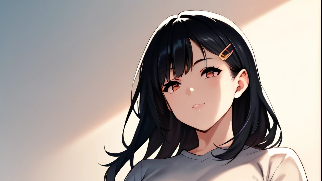score_9, score_8_superior, score_7_superior, Cowboy Shot, One girl, amount, Hair Clip, Voice of the Heart, Black Hair, bangs,
,