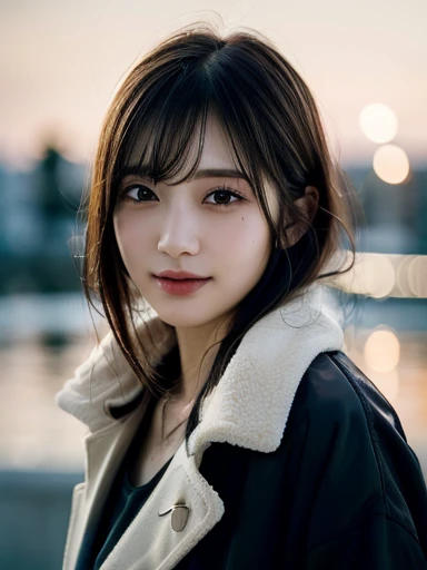 One Girl,(coat:1.4), (one piece:1.4),(RAW Photos, highest quality), (Realistic, Photorealistic:1.4), Tabletop, Very delicate and beautiful, Very detailed, 8k wallpaper, wonderful, In detail, Very detailedなCG Unity, High resolution,Very clear,  Soft Light, Beautifully detailed 19 year old girl, Very detailedな目と顔, Beautifully detailed nose, Beautiful fine details,Cinema Lighting,City lights at night,Perfect Anatomy,Slender body,smile  (My hair is messy, Asymmetrical bangs, Black Hair,Medium:1.4)