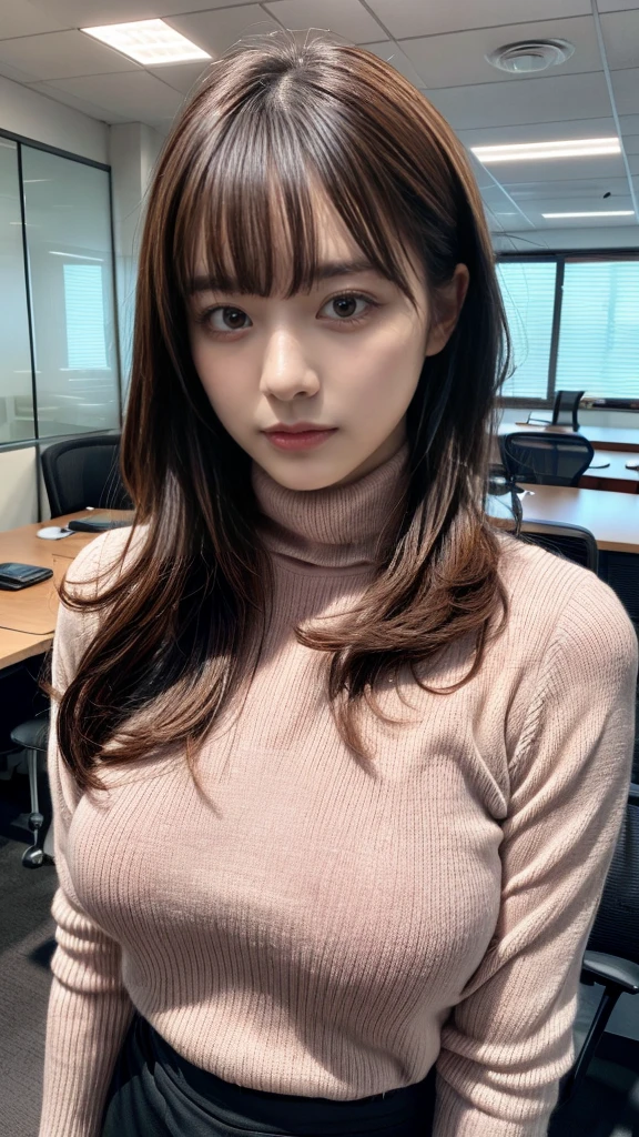 highest quality,Very detailed,finely,High resolution,8k wallpaper,Perfect dynamic composition,Office Lady,whole body,Are standing,Pink knitwear,turtleneck,Shedding bangs,finel beautiful eyes,Natural Lip,(Saggy big breasts:1.3