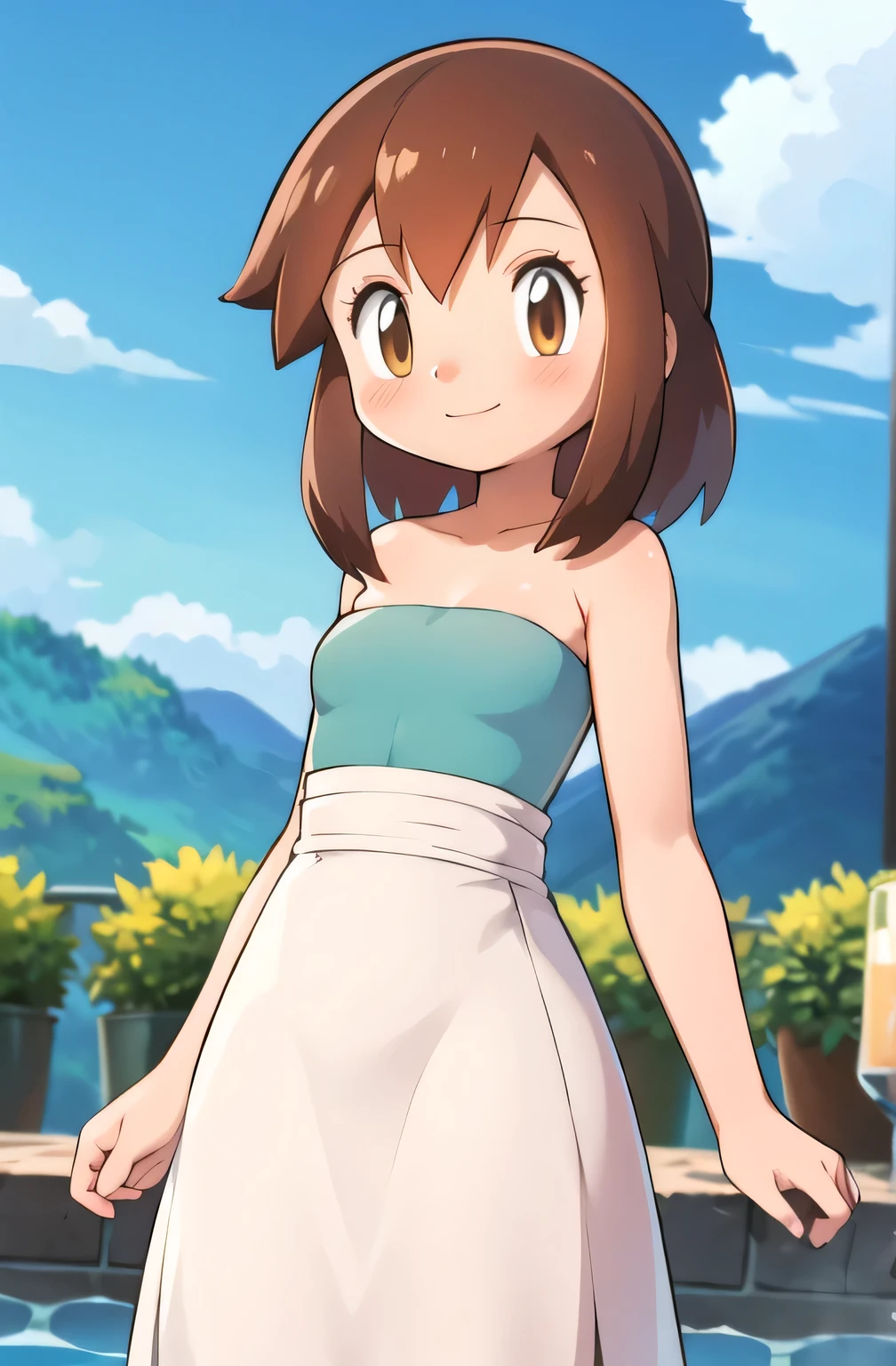 1 girl, solo, Pokemon Heroes (Bianca), Brown Hair, brown eyes, smile, cowboy shot, facing viewer,, absurdres, ultra detailed, masterpiece, best quality, Teenager, masterpiece, best quality, Blushing, Bare Neck, Bare Shoulders, strapless, White maxi dress. Standing up. Cowboy shot. A landscape of blue skies, a mountain, a mansion, an garden maze, a water pool