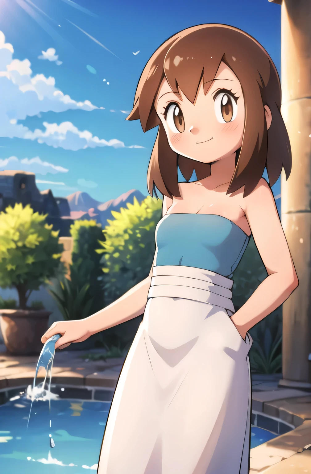 1 girl, solo, Pokemon Heroes (Bianca), Brown Hair, brown eyes, smile, cowboy shot, facing viewer,, absurdres, ultra detailed, masterpiece, best quality, Teenager, masterpiece, best quality, Blushing, Bare Neck, Bare Shoulders, strapless, White maxi dress. Standing up. Cowboy shot. A landscape of blue skies, a mountain, a mansion, an garden maze, a water pool