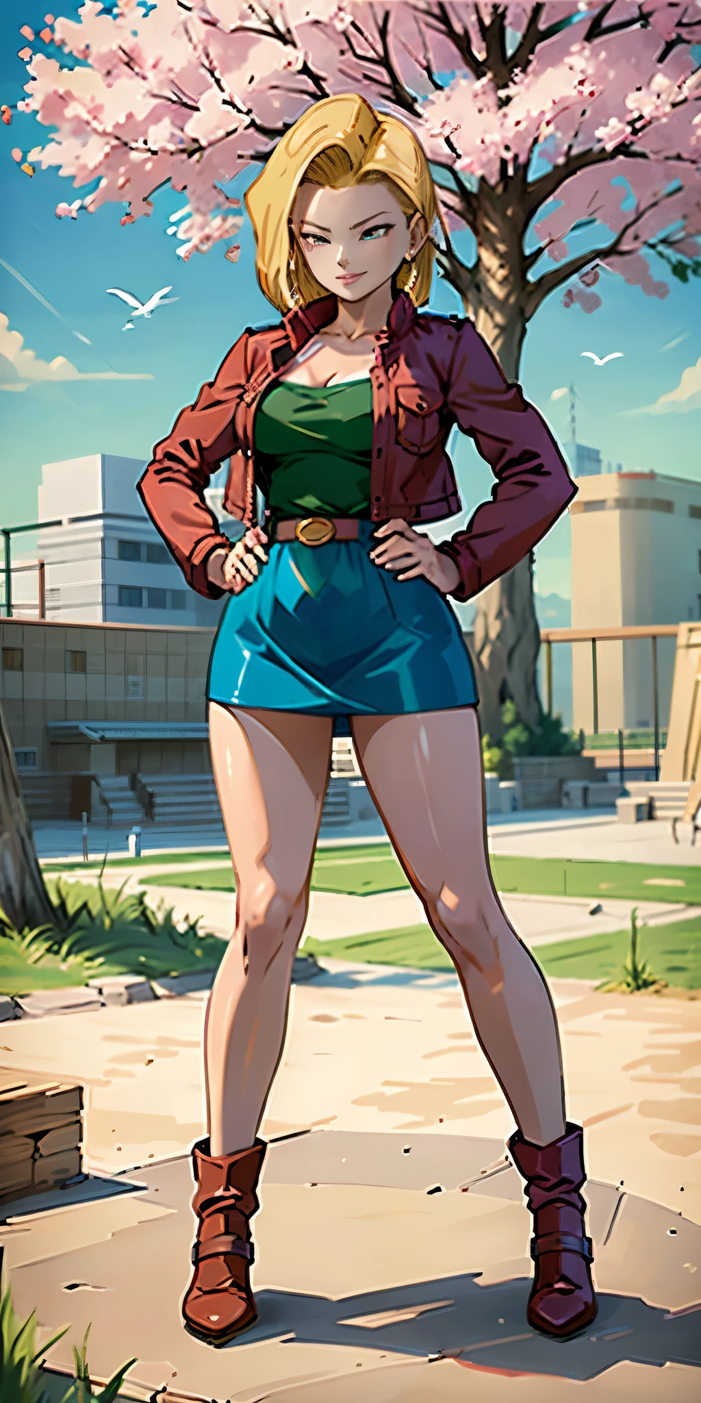 (Full body, view from below, cowboy shot, looking at viewer, masterpiece, best quality, ultra detailed, immaculate:1.2) Android 18 from DBZ, 30 y.o. woman, red eyes, short BLONDE hair, posing for photo, seductive smile, grey jacket, red necktie, green skirt, Sakura tree, building, (pinched eyes) (closed mouth) (hands on hips)
