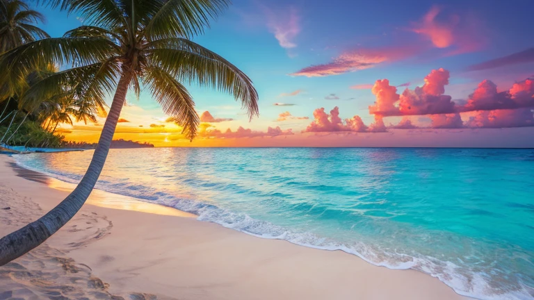 Vibrant, Tropical beach with lush palm trees, crystal-clear turquoise waters, Colorful sunset sky