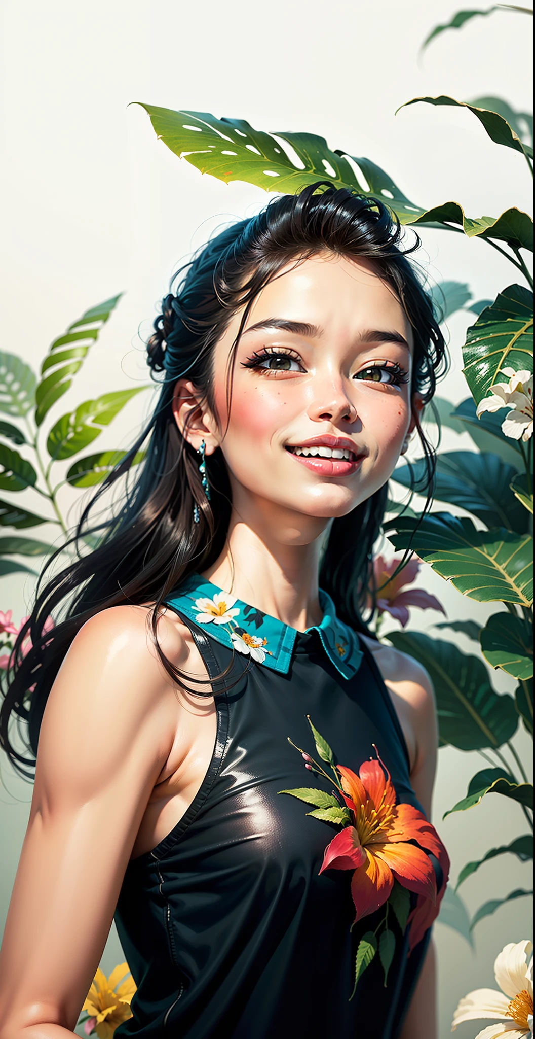 Create digital artwork in the Pop Art style, Featuring a vibrant and confident young Asian girl，street fashion, Movie color scheme, big smile, wink eye, Surrounded by vintage flower motifs, Vibrant brushstrokes,Emotions should be dynamic, Upper body, Drawing, illustration, escala cinza, tropical, Many flowers,