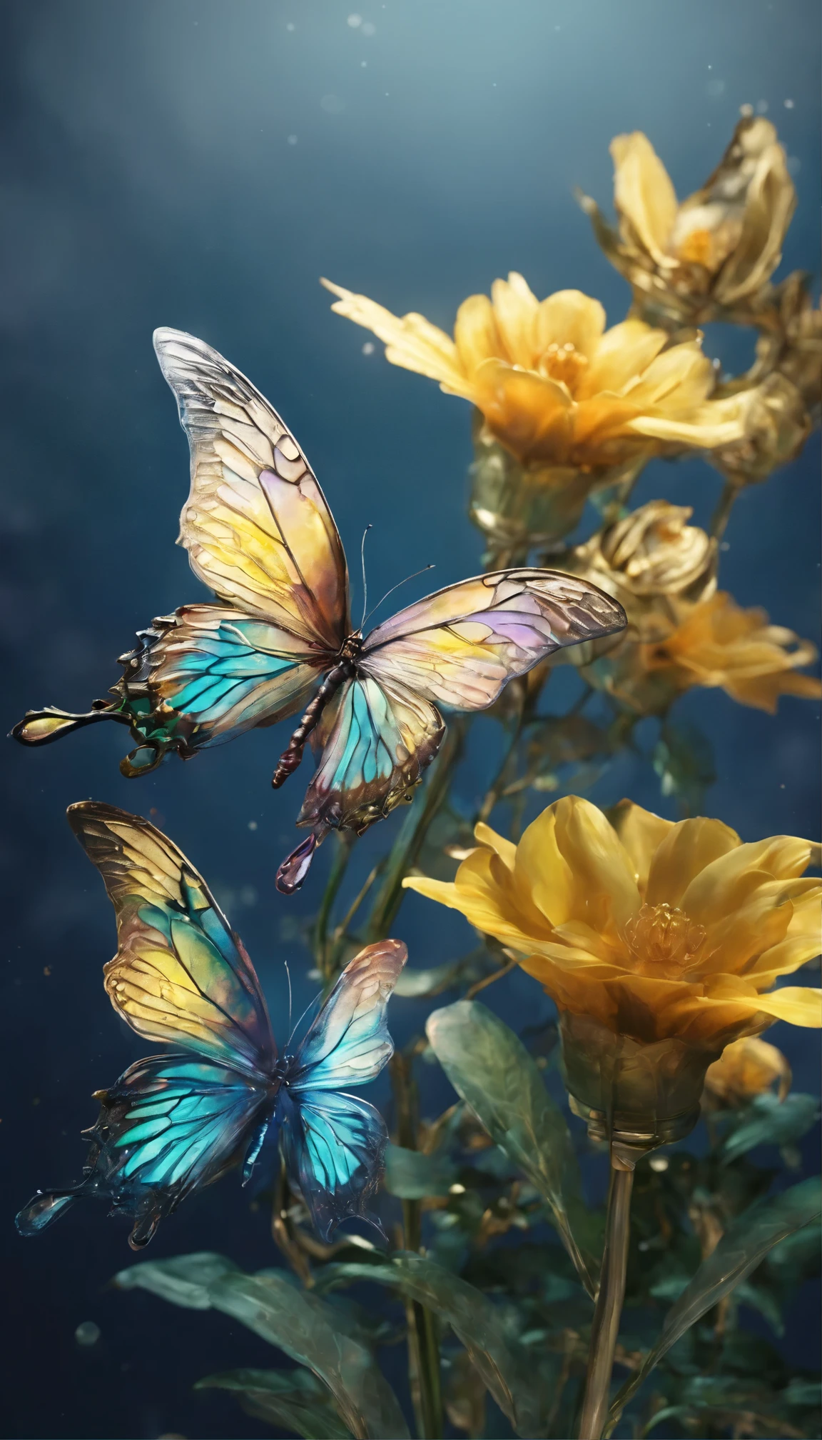 The background is greenblue,moon light,All expressed with jewels, the arrival of spring, various beautiful flower
, Beautiful yellow swallowtail butterfly,angles looking up from below, various jewels falling from the sky, wonderful and beautiful superb view, slightly hazy, fantastic, high resolution, 8K, (best quality, highres, realistic:1.37), shiny metallic flowers, intricate and delicate petals, reflective surfaces, vibrant colors, intricate details, close-up view, surreal garden, surreal beauty, dreamy atmosphere, fine art, abstract botanicals, metallic sculpture, contrasting textures, ethereal glow