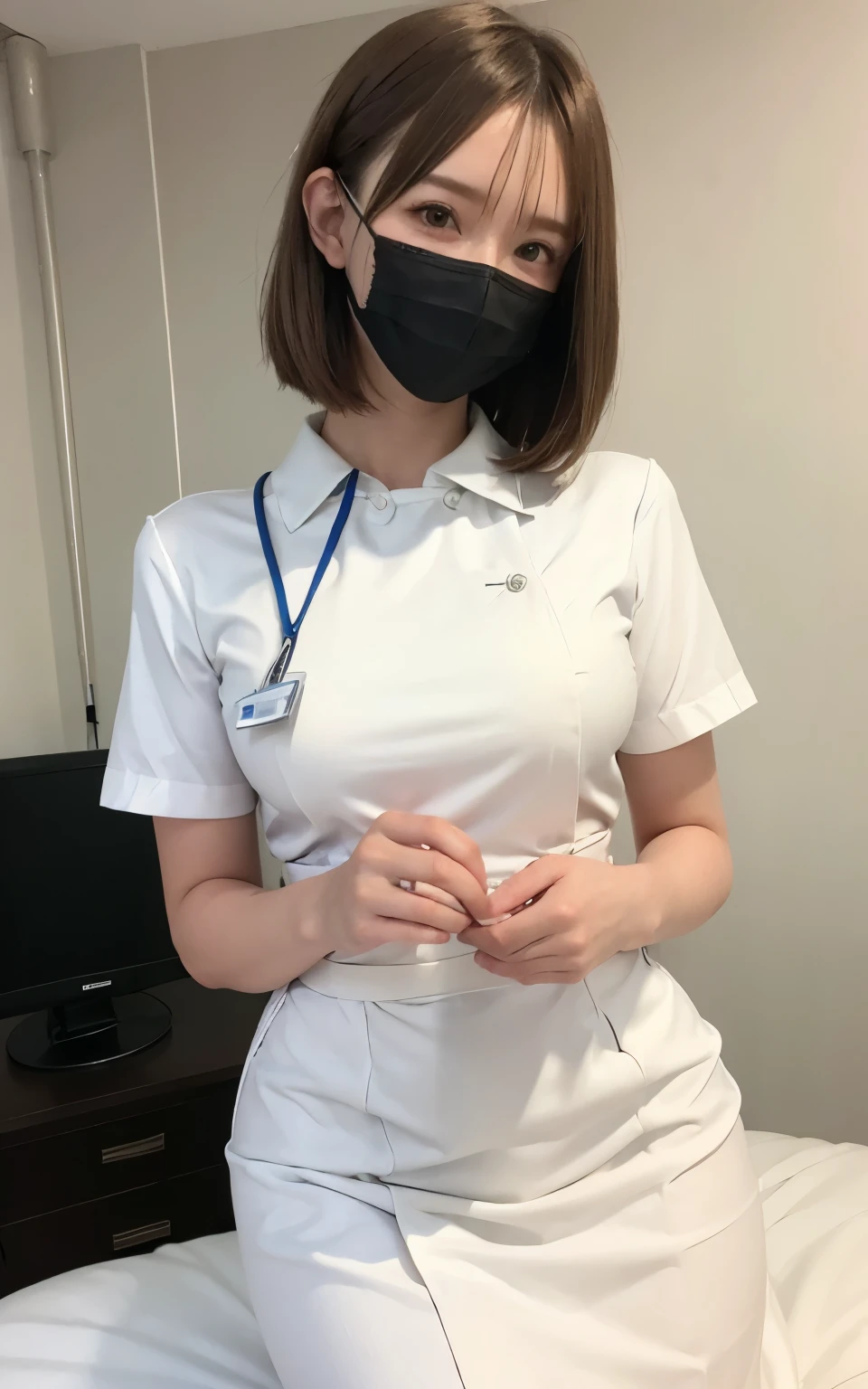 1 girl,(Wearing white nurse clothes:1.2),(RAW Photos, highest quality), (Realistic, photo-Realistic:1.4), masterpiece, Very delicate and beautiful, Very detailed, 2k wallpaper, wonderful, finely, Very detailed CG unity 8k wallpaper, Very detailed, High resolution, Soft Light, Beautiful detailed girl, Very detailed eyes and face, Beautiful and detailed nose, finely beautiful eyes, nurse, Perfect Anatomy, Black Hair, Upstyle, nurse uniform, ((mask)), Long skirt, nurse, White costume, thin, hospital, clear, White Uniform, hospital room, Neck auscultation,Bobcut