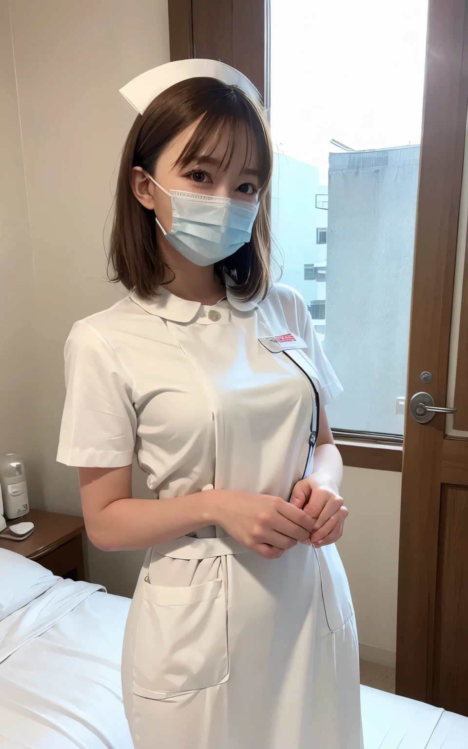 1 girl,(Wearing white nurse clothes:1.2),(RAW Photos, highest quality), (Realistic, photo-Realistic:1.4), masterpiece, Very delicate and beautiful, Very detailed, 2k wallpaper, wonderful, finely, Very detailed CG unity 8k wallpaper, Very detailed, High resolution, Soft Light, Beautiful detailed girl, Very detailed eyes and face, Beautiful and detailed nose, finely beautiful eyes, nurse, Perfect Anatomy, Black Hair, Upstyle, nurse uniform, ((mask)), Long skirt, nurse, White costume, thin, hospital, clear, White Uniform, hospital room, Neck auscultation,Bobcut