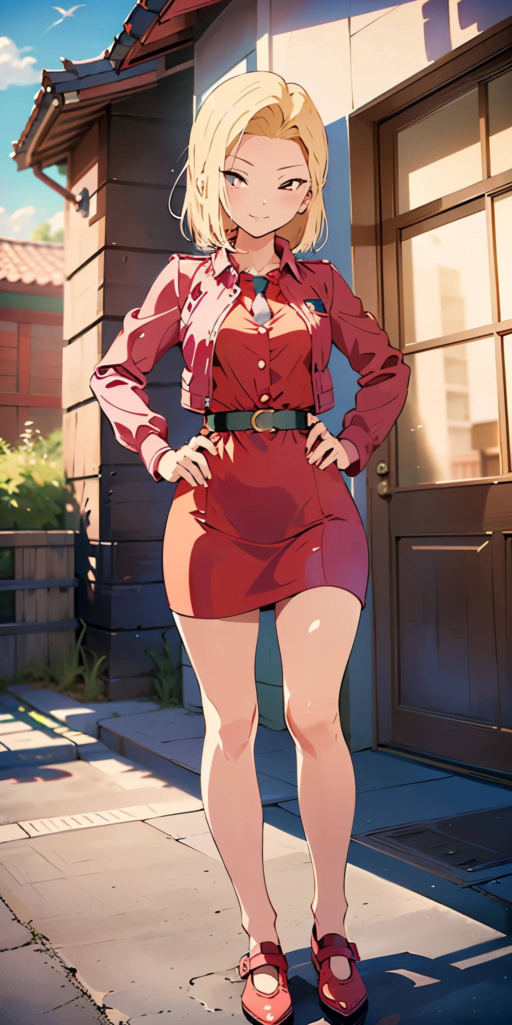 ((Highest quality)), ((masterpiece)), (Familiar), Hazy, Female,Mature Woman,Purple Hair, short hair, Low Ponytail, eye shadow, lipstick, Red eyes,Red Shirt,Large Breasts,Erect nipples,Cleavage,Red and black jacket, White tight skirt,Red Heels