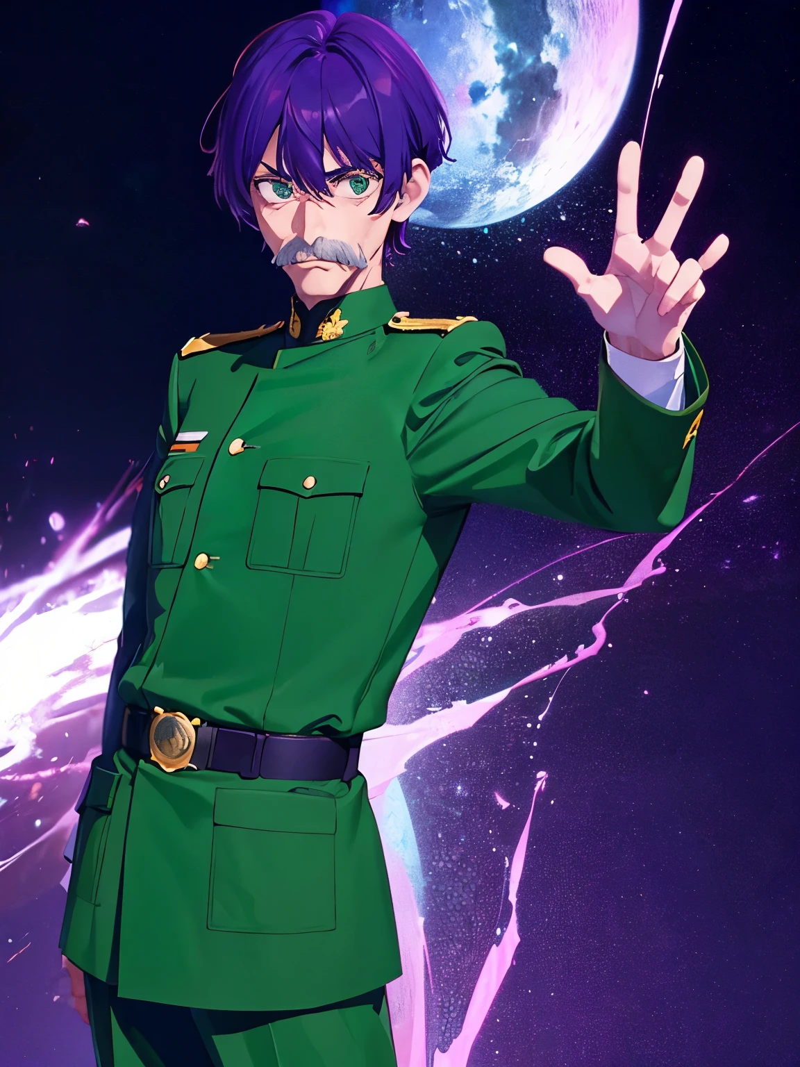 1 old man, Hands emit electricity 70 years old, short hair, Thin body, purple hair, green eyes, purple mustache, army uniform,ultra detail, ultra HD, standing,Thin body,half body photo