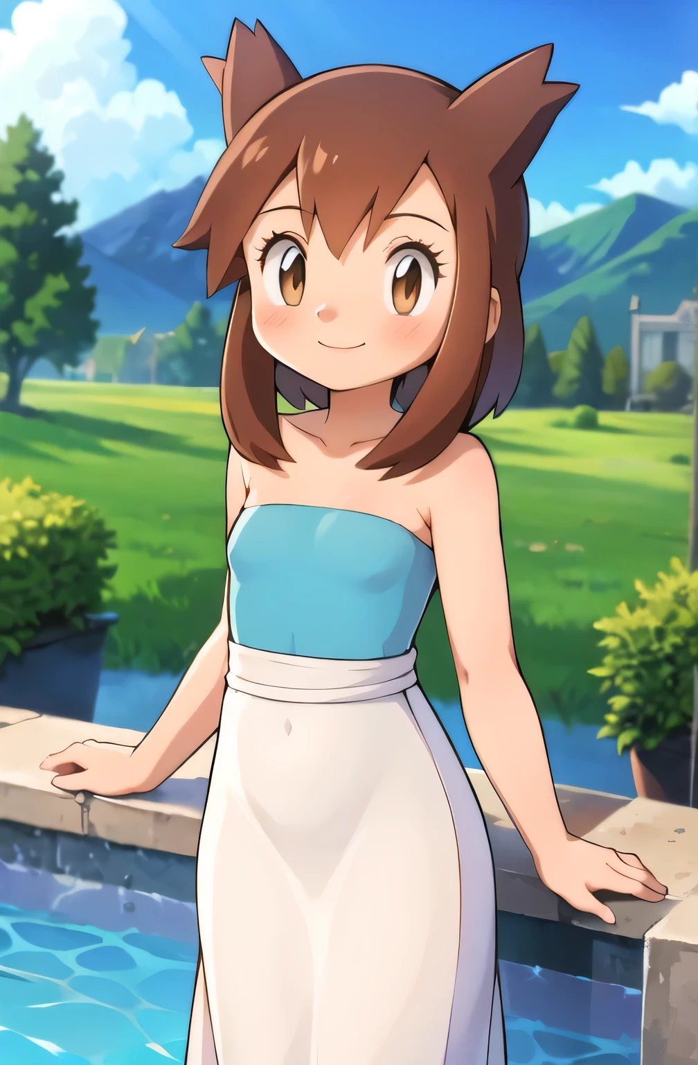 1 girl, solo, Pokemon Heroes (Bianca), Brown Hair, brown eyes, smile, cowboy shot, facing viewer,, absurdres, ultra detailed, masterpiece, best quality, r, masterpiece, best quality, Blushing, Bare Neck, Bare Shoulders, strapless, White maxi dress. Standing up. Cowboy shot. A landscape of blue skies, a mountain, a mansion, an garden maze, a water pool