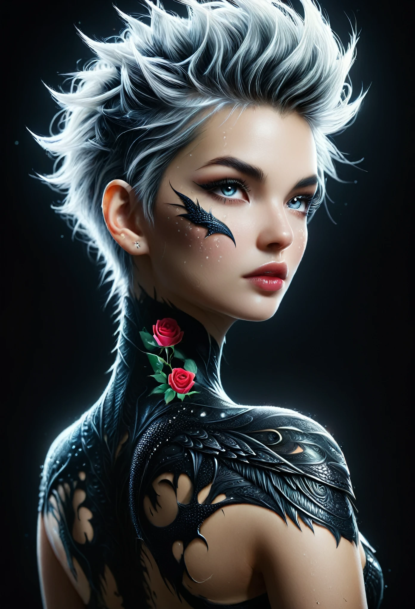 (best quality, 4k, 8K, high resolution, masterpiece: 1.2), ultra detailed: 1.4, back of a beautiful punk woman with a black dragon tattoo with roses, perfect body, mohawk hair:1,3 (photorealistic , intricate details: 1.37), highly detailed face, extremely detailed facial features, hyper-realistic skin texture, detailed skin texture, masterpiece, 8k, beautiful detailed eyes, beautiful detailed lips, extremely detailed face, long eyelashes, realistic, extremely details fine, photorealistic, dramatic lighting, moody lighting, cinematic lighting, physically based rendering, vivid colors, dramatic lighting, intricate details, cinematic composition, gothic fashion, dramatic pose