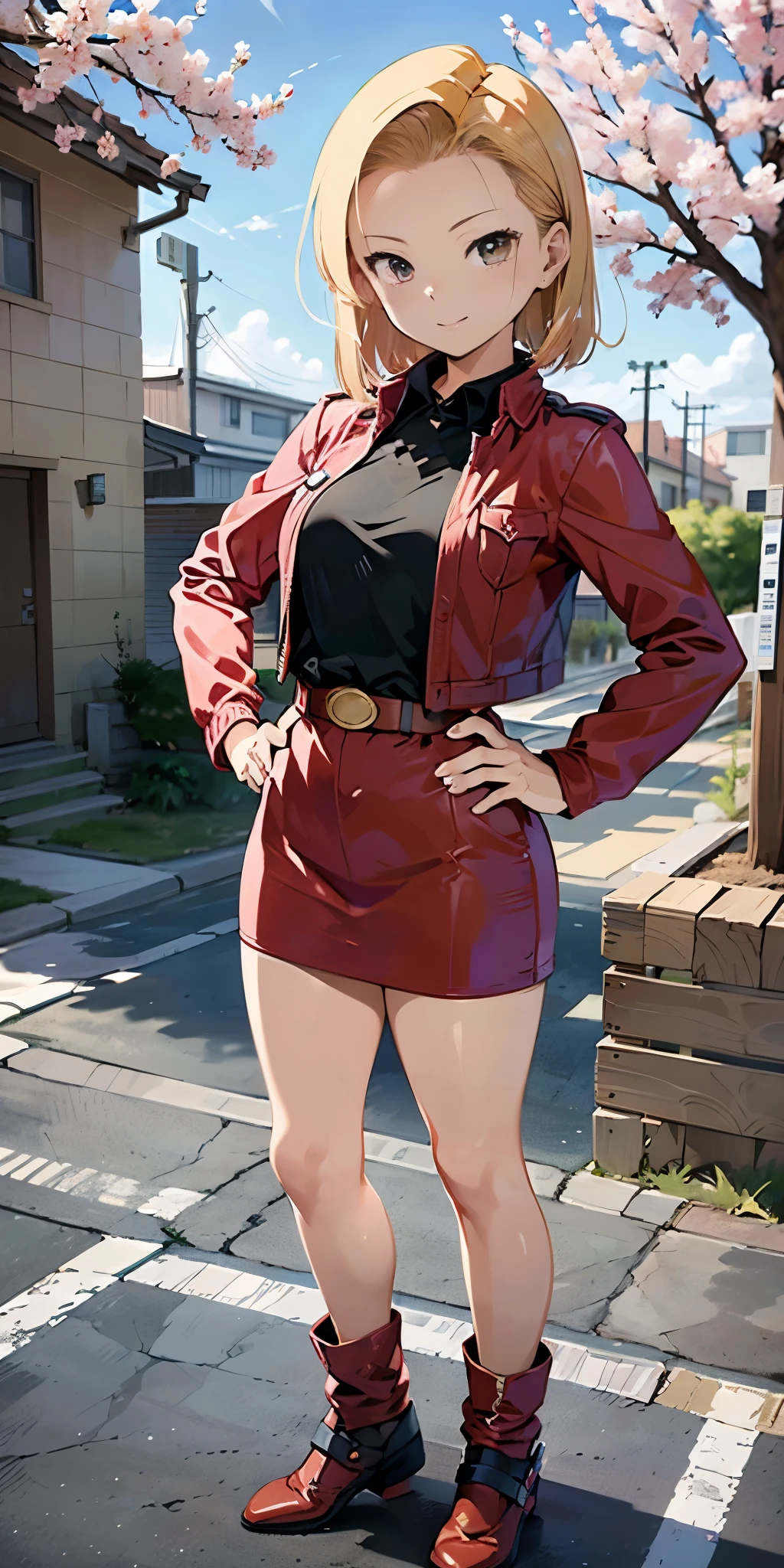 (Full body, view from below, cowboy shot, looking at viewer, masterpiece, best quality, ultra detailed, immaculate:1.2) Android 18 from DBZ, 30 y.o. woman, red eyes, short BLONDE hair, posing for photo, seductive smile, grey jacket, red necktie, green skirt, Sakura tree, building, (pinched eyes) (closed mouth) (hands on hips)