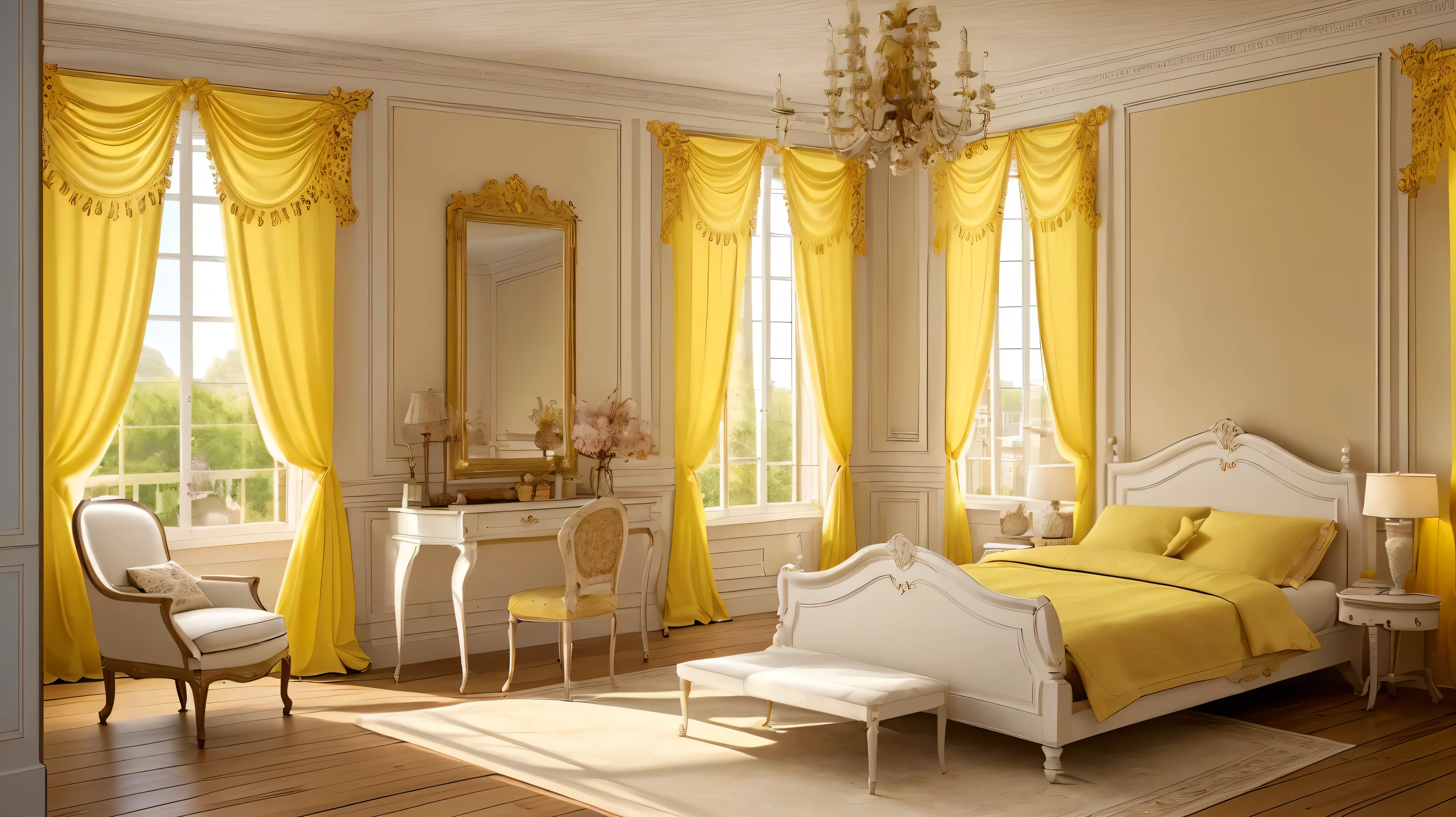 Create a detailed description of a European-style room designed for a , featuring: * A yellow curtain on a wooden deck * White wallpaper on the walls * An extremely precise and detailed design * 16k resolution * A beautiful poster of a character * Morning sunlight streaming in * A sunny atmosphere Please provide a vivid and descriptive text that captures the essence of this scene, with a focus on the child's room and the European style influences.