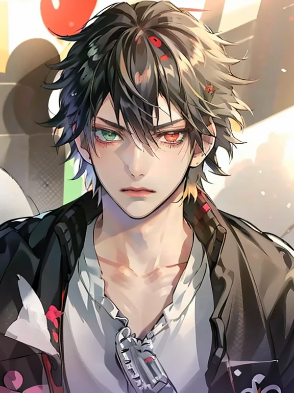 yamada ichiro\(Hypnosis Microphone\),(best quality)), buster bros, Male Focus,Red Eyes, Bangs, Black hair, Heterochromia, Green eyes,((muste piece)), perfect face,((1 male)),solo,Man in his 20s,Handsome guy,cool,