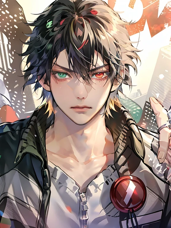 yamada ichiro\(Hypnosis Microphone\),(best quality)), buster bros, Male Focus,Red Eyes, Bangs, Black hair, Heterochromia, Green eyes,((muste piece)), perfect face,((1 male)),solo,Man in his 20s,Handsome guy,cool,