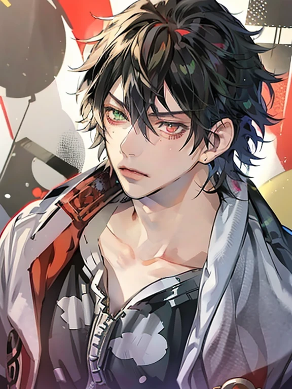 yamada ichiro\(Hypnosis Microphone\),(best quality)), buster bros, Male Focus,Red Eyes, Bangs, Black hair, Heterochromia, Green eyes,((muste piece)), perfect face,((1 male)),solo,Man in his 20s,Handsome guy,cool,