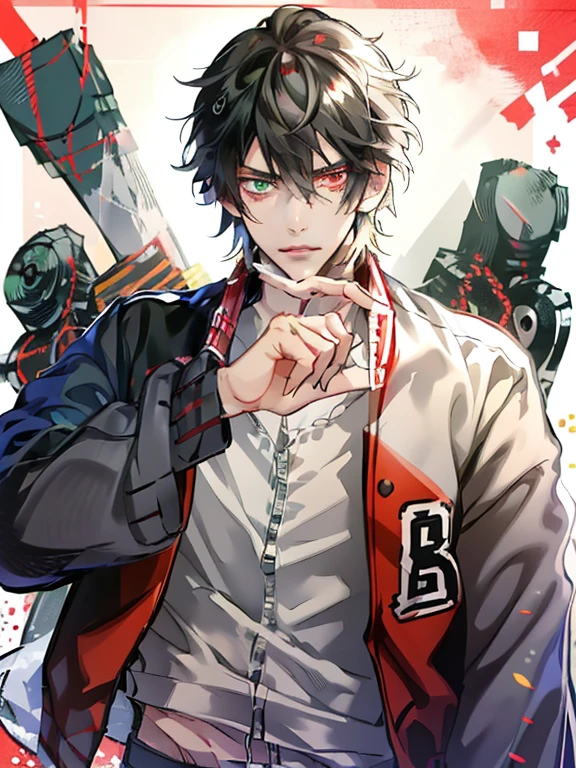 yamada ichiro\(Hypnosis Microphone\),(best quality)), buster bros, Male Focus,Red Eyes, Bangs, Black hair, Heterochromia, Green eyes,((muste piece)), perfect face,((1 male)),solo,Man in his 20s,Handsome guy,cool,