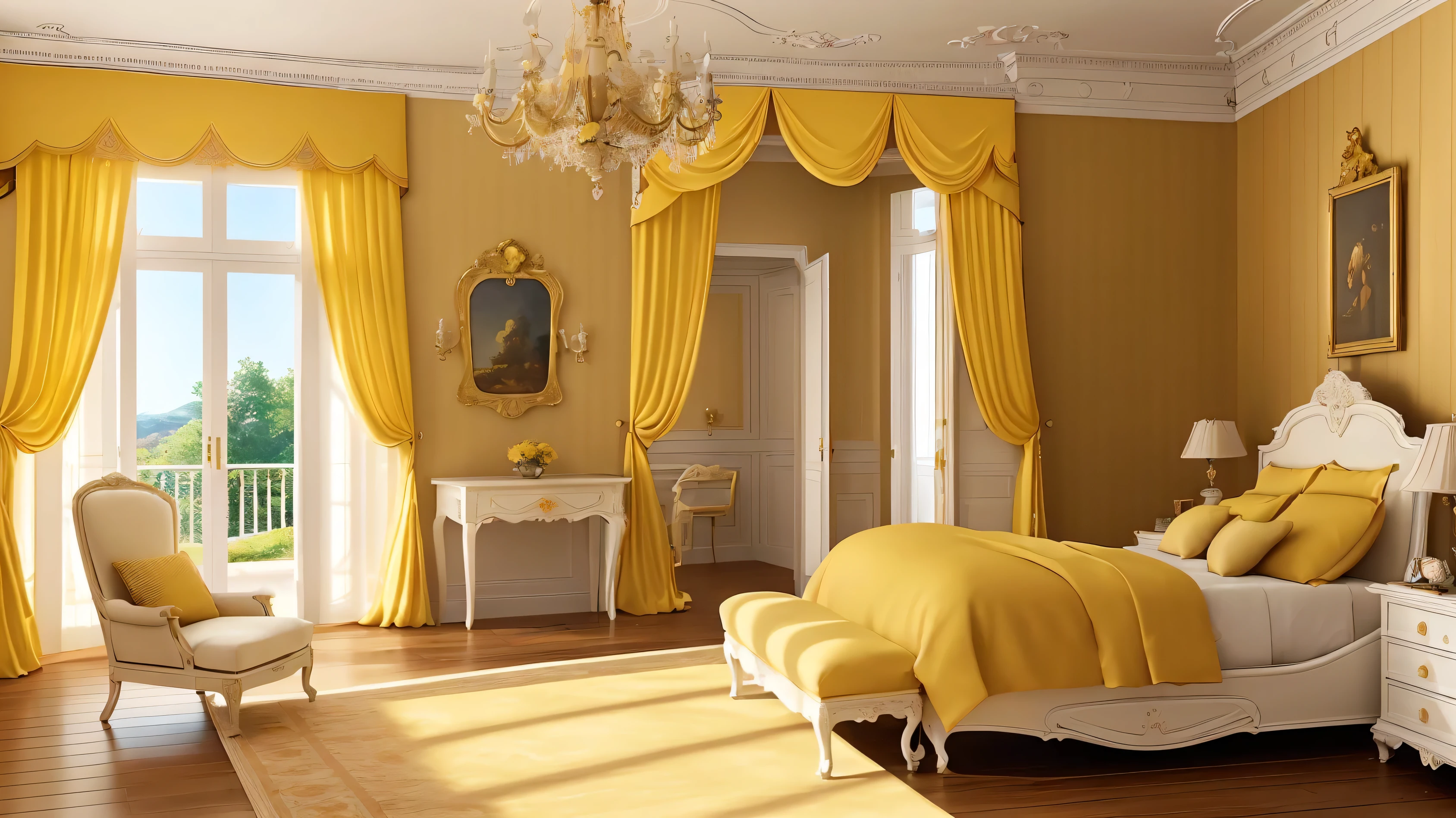 Create a detailed description of a European-style room designed for a , featuring: * A yellow curtain on a wooden deck * White wallpaper on the walls * An extremely precise and detailed design * 16k resolution * A beautiful poster of a character * Morning sunlight streaming in * A sunny atmosphere Please provide a vivid and descriptive text that captures the essence of this scene, with a focus on the child's room and the European style influences.