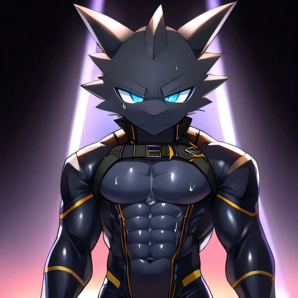 Thin macho　western black dragon　　abs　　　　　Hollow abs　　body suit　　thick arms　　　chest rig　　　、sweaty　　　skin glow　　profile　　Wearily　short of breath　　  　Chemo shota
jacket
