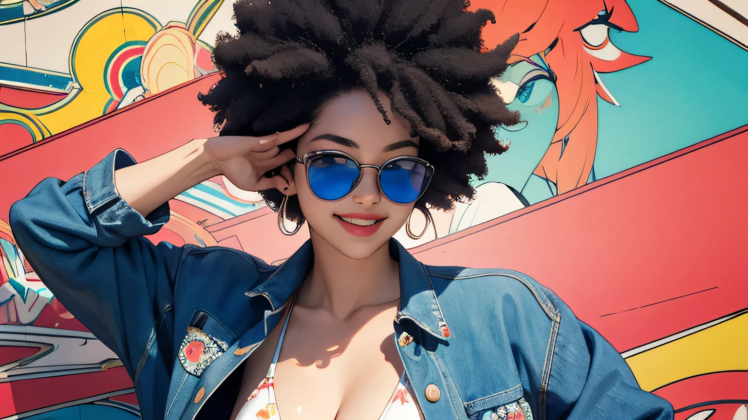 (masterpiece, highest quality, 8k wallpaper, high resolution, ultra-realistic), 1 girl, 20 years old, Japanese with afro hair (masterpiece: 1.2, highest quality), (realistic, photorealistic: 1.4),"(masterpiece, highest quality), afro hair, looking at viewer, wearing sunglasses, swimsuit, cleavage, D cup, sexy pose, dynamic pose, full body, white skin, black hair, looking forward, laughing, psychedelic,