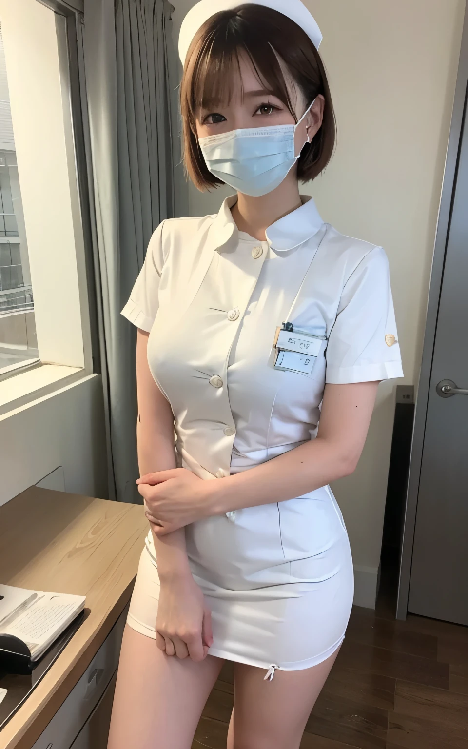 1 girl,(Wearing white nurse clothes:1.2),(RAW Photos, highest quality), (Realistic, photo-Realistic:1.4), masterpiece, Very delicate and beautiful, Very detailed, 2k wallpaper, wonderful, finely, Very detailed CG unity 8k wallpaper, Very detailed, High resolution, Soft Light, Beautiful detailed girl, Very detailed eyes and face, Beautiful and detailed nose, finely beautiful eyes, nurse, Perfect Anatomy, Black Hair, Upstyle, nurse uniform, ((mask)), Long skirt, nurse, White costume, thin, hospital, clear, White Uniform, hospital room, Neck auscultation,Bobcut