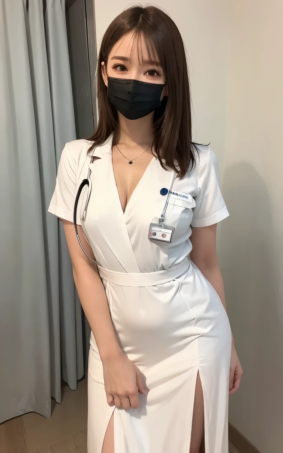 1 girl,(Wearing white nurse clothes:1.2),(RAW Photos, highest quality), (Realistic, photo-Realistic:1.4), masterpiece, Very delicate and beautiful, Very detailed, 2k wallpaper, wonderful, finely, Very detailed CG unity 8k wallpaper, Very detailed, High resolution, Soft Light, Beautiful detailed girl, Very detailed eyes and face, Beautiful and detailed nose, finely beautiful eyes, nurse, Perfect Anatomy, Black Hair, Upstyle, nurse uniform, ((mask)), Long skirt, nurse, White costume, thin, hospital, clear, White Uniform, hospital room, Neck auscultation,Bobcut