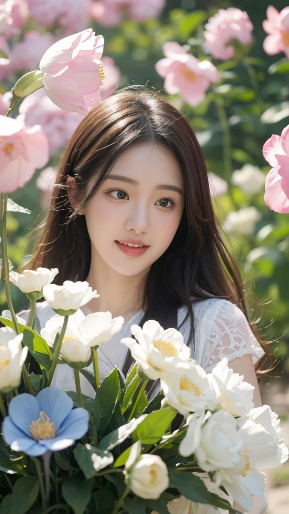Close-up of a beautiful girl with a round face and a truly lovely innocent smile. Surrounding the beautiful girl are giant flowers, blooming flowers, cold blooming flowers, advanced gray series, (1girl:1.5 ),giant flowers,from below,best quality,32k,RAW photo,ultra resolution best quality extremely detailed,delicate texture,huge wave of giant flowers and giant flower petals are swallowed up, fantasy, fairy tale, pastel colors, motion blur, action lines, delicate 3-dimensional images