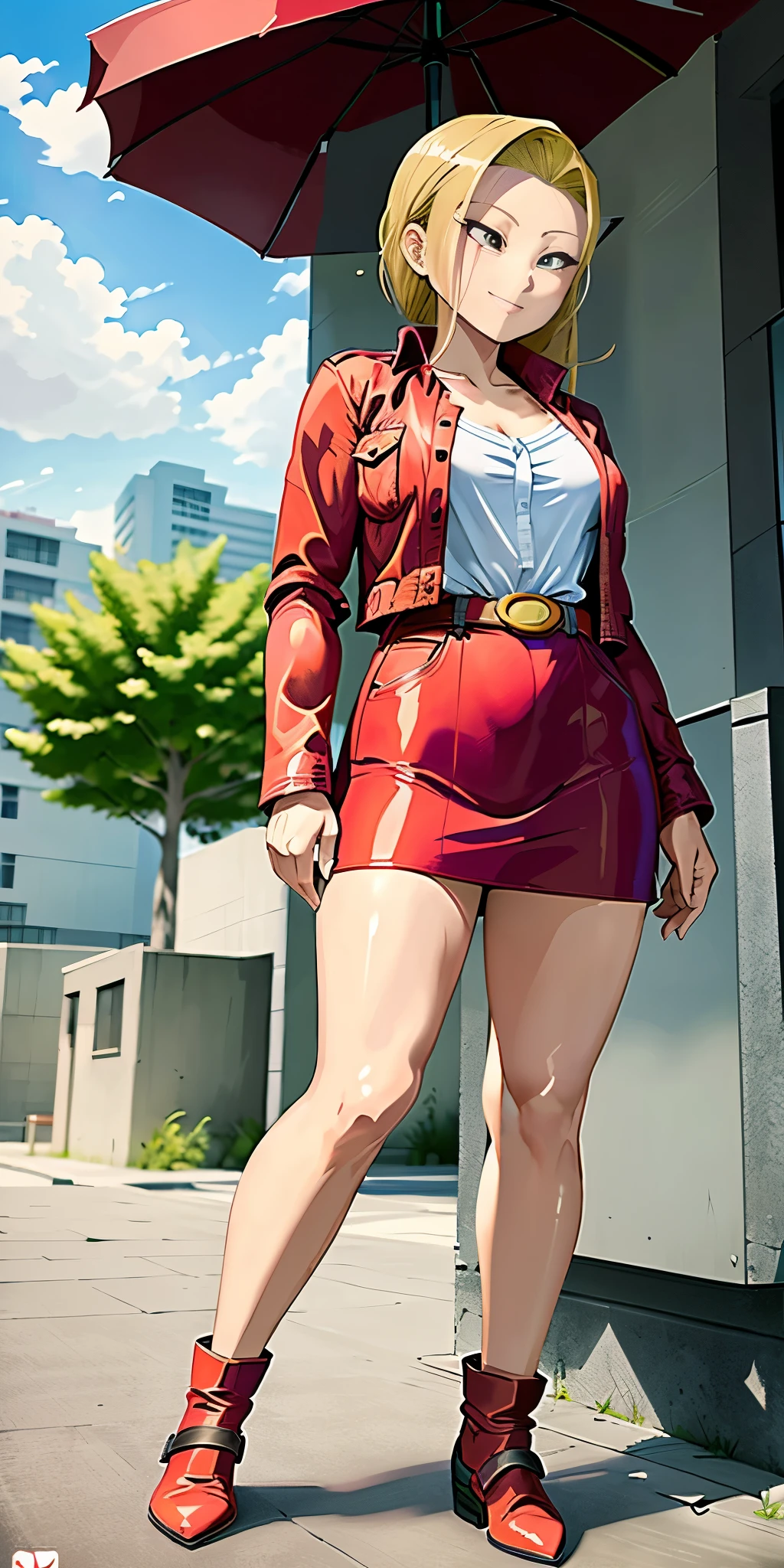 (Full body, view from below, cowboy shot, looking at viewer, masterpiece, best quality, ultra detailed, immaculate:1.2) Android 18 from DBZ, 30 y.o. woman, red eyes, short BLONDE hair, posing for photo, seductive smile, grey jacket, red necktie, green skirt, Sakura tree, building, (pinched eyes) (closed mouth) (hands on hips)