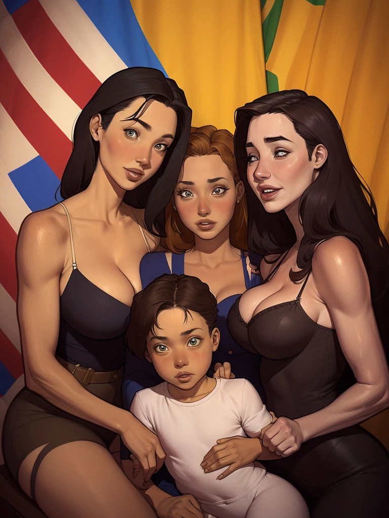 arafed family portrait with dog and flag of brazil, family portrait, por Angelina Jolie , by Monica Bellucci, por Ana d'armas , por Jennifer Connelly, by Jessica Alba, Happy family, retrato de alta qualidade, detailed illustration portrait, arte oficial, Commission, por, Retrato colorido detalhado
