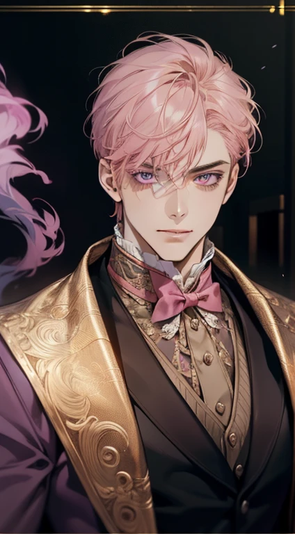 undercucho Close Portrait of Elegant Person [undercucho] in bespoke MAN suit: tall muscular man, classic style, intricate detial baroque, elegant, bright lights, highly detailed, digital painting, artstation, concept art, soft and sharp focus, portrait , illustration, art by wlop, mars ravelo and greg rutkowski (High detail skin: 1.2), 8k uhd, DSLR, soft lighting, high quality, film grain, Fujifilm XT3 mix4, male model, (((1 MAN))) suit, seductive, Florence, Italy background, (((/LOOKING AT THE VIEWER/))) ((((SHORT PINK HAIR))) (((LONG BANGS))) (((VIOLET EYES))) (((DELIGHTED LOOK))), SMILE, MYSTERIOUS AURA, night, bokeh, depth of field, (upper body: 1.0), best quality, intricate details, detailed eyes, masterpiece, film grain, 1900s, kodakchrome, flashlight, strange smoke around him, MASTERPIECE