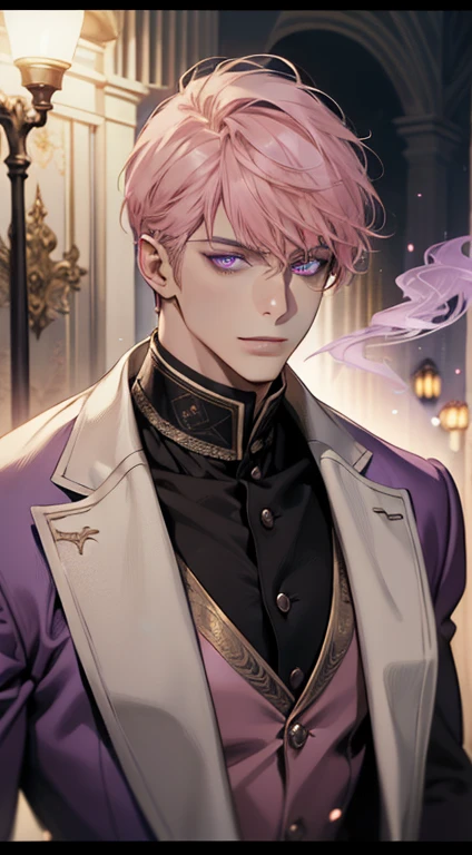 undercucho Close Portrait of Elegant Person [undercucho] in bespoke MAN suit: tall muscular man, classic style, intricate detial baroque, elegant, bright lights, highly detailed, digital painting, artstation, concept art, soft and sharp focus, portrait , illustration, art by wlop, mars ravelo and greg rutkowski (High detail skin: 1.2), 8k uhd, DSLR, soft lighting, high quality, film grain, Fujifilm XT3 mix4, male model, (((1 MAN))) suit, seductive, Florence, Italy background, (((/LOOKING AT THE VIEWER/))) ((((SHORT PINK HAIR))) (((LONG BANGS))) (((VIOLET EYES))) (((DELIGHTED LOOK))), SMILE, MYSTERIOUS AURA, night, bokeh, depth of field, (upper body: 1.0), best quality, intricate details, detailed eyes, masterpiece, film grain, 1900s, kodakchrome, flashlight, strange smoke around him, MASTERPIECE